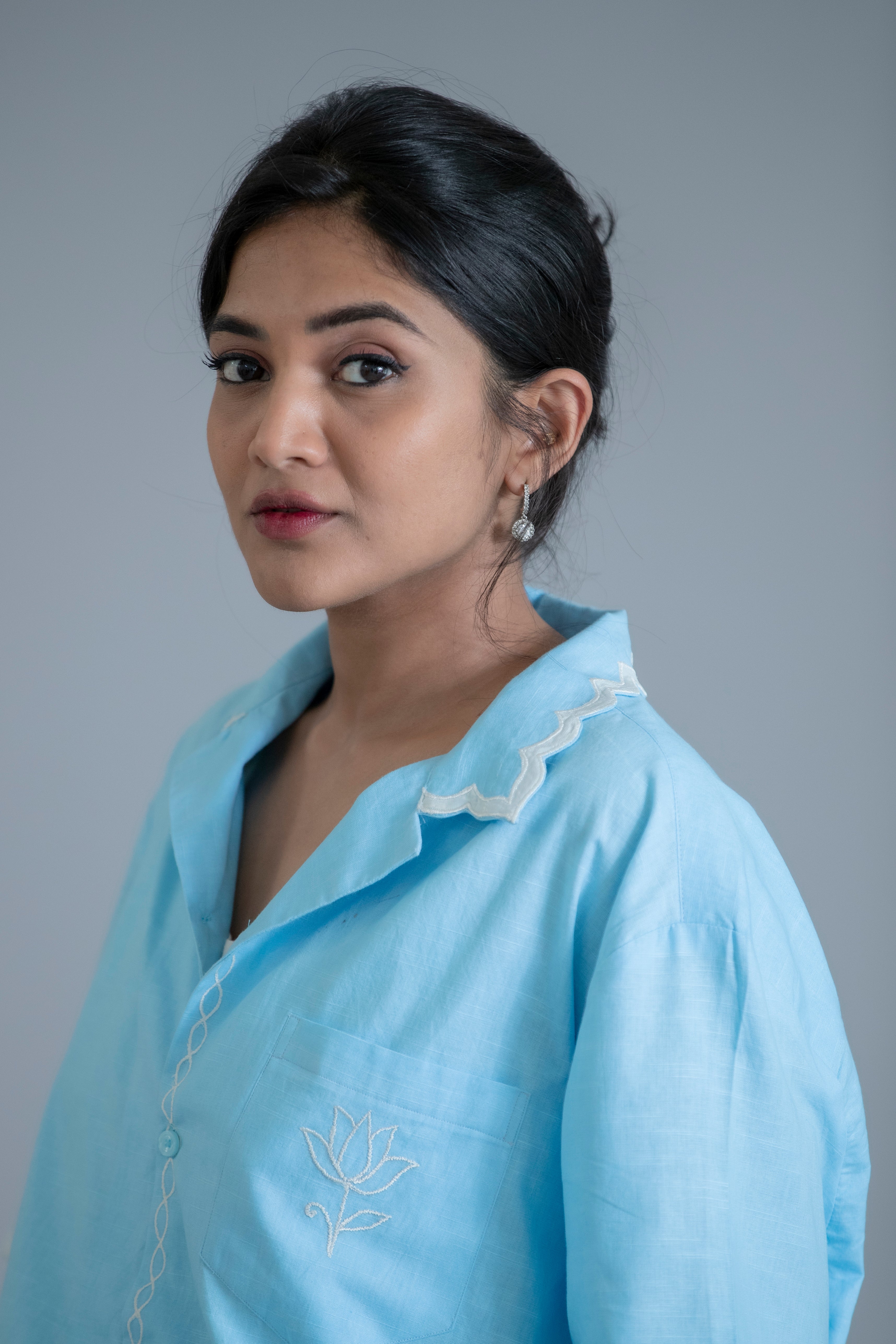 Sky Blue Scallop Shirt & Ivory Wide-Leg Pants Co-Ord Set