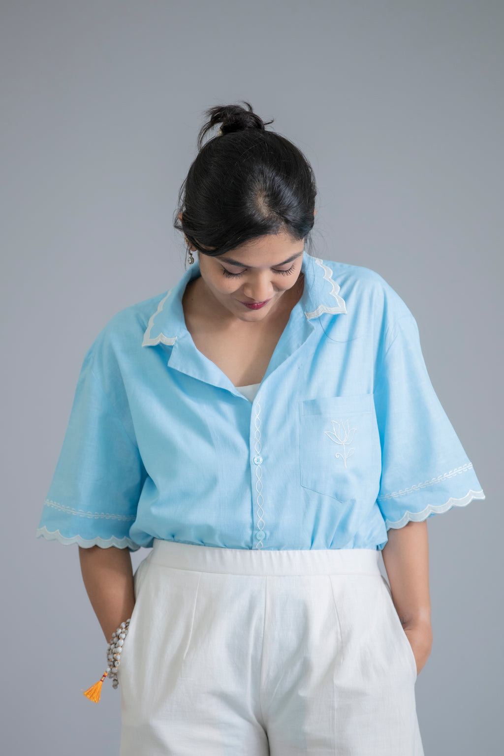 Sky Blue Scallop Shirt & Ivory Wide-Leg Pants Co-Ord Set