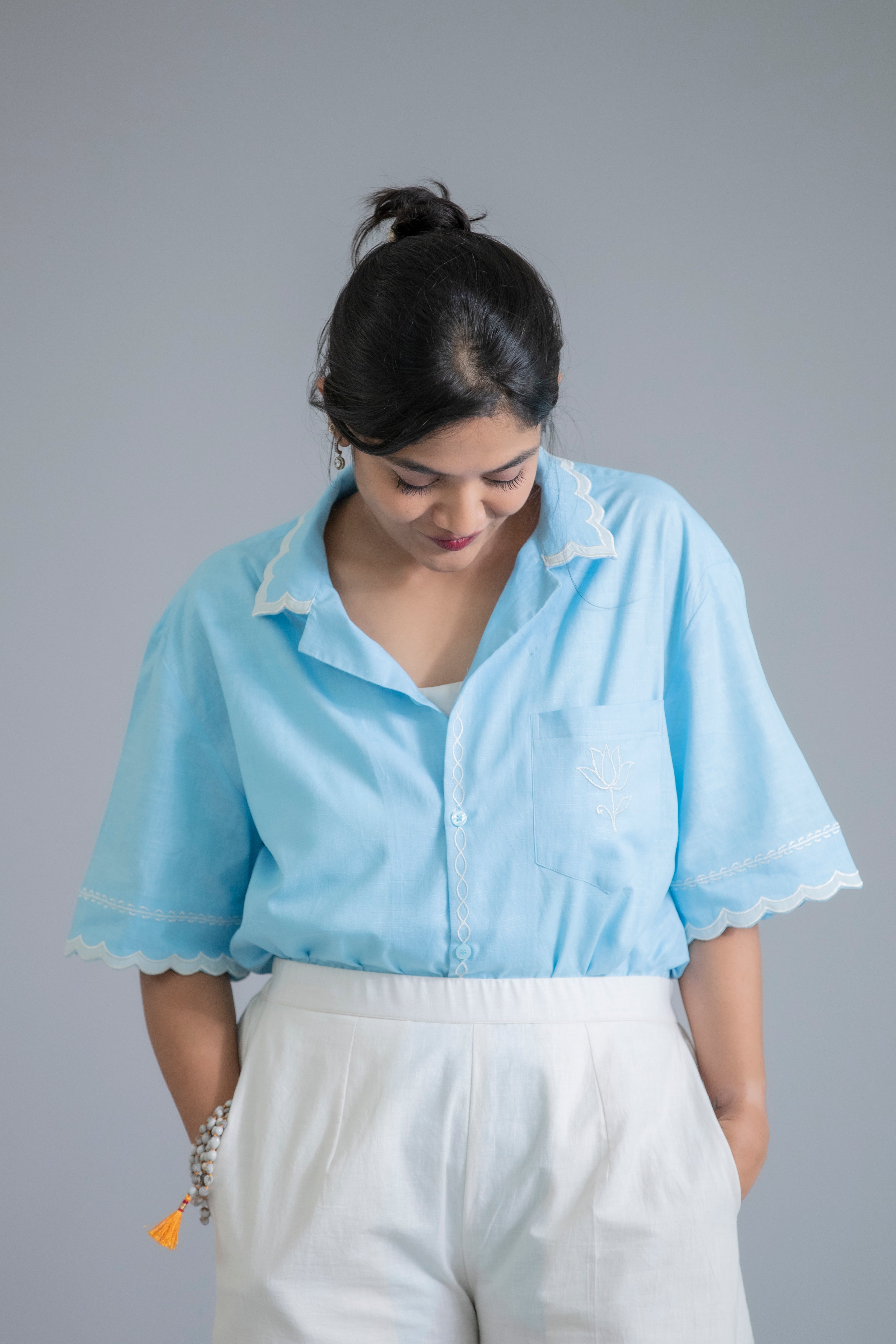 Sky Blue Scallop Shirt & Ivory Wide-Leg Pants Co-Ord Set