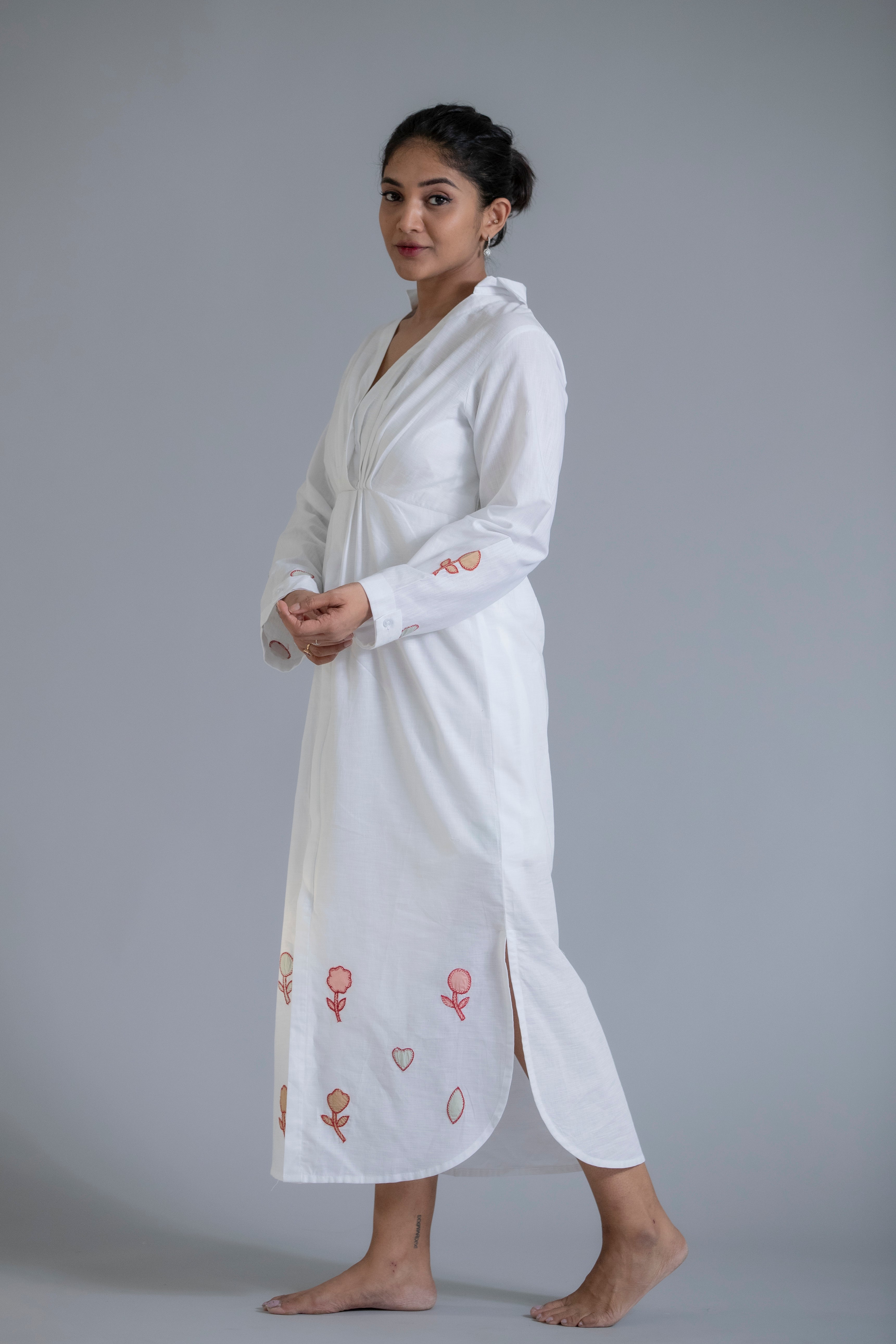 White Hand-Embroidered Floral Summer Dress