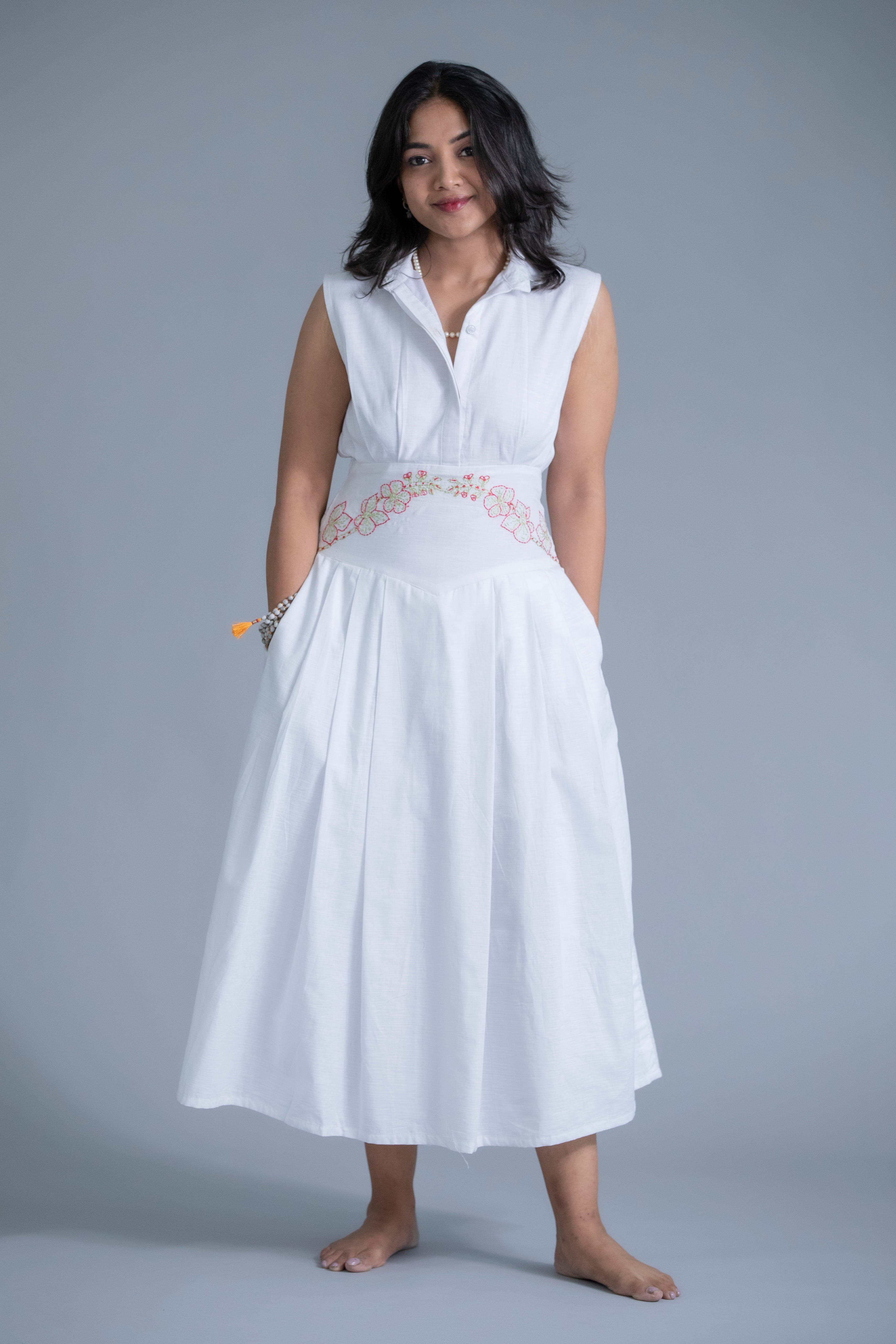 White Linen Sunmer Dress with Embroidered Waist Detail