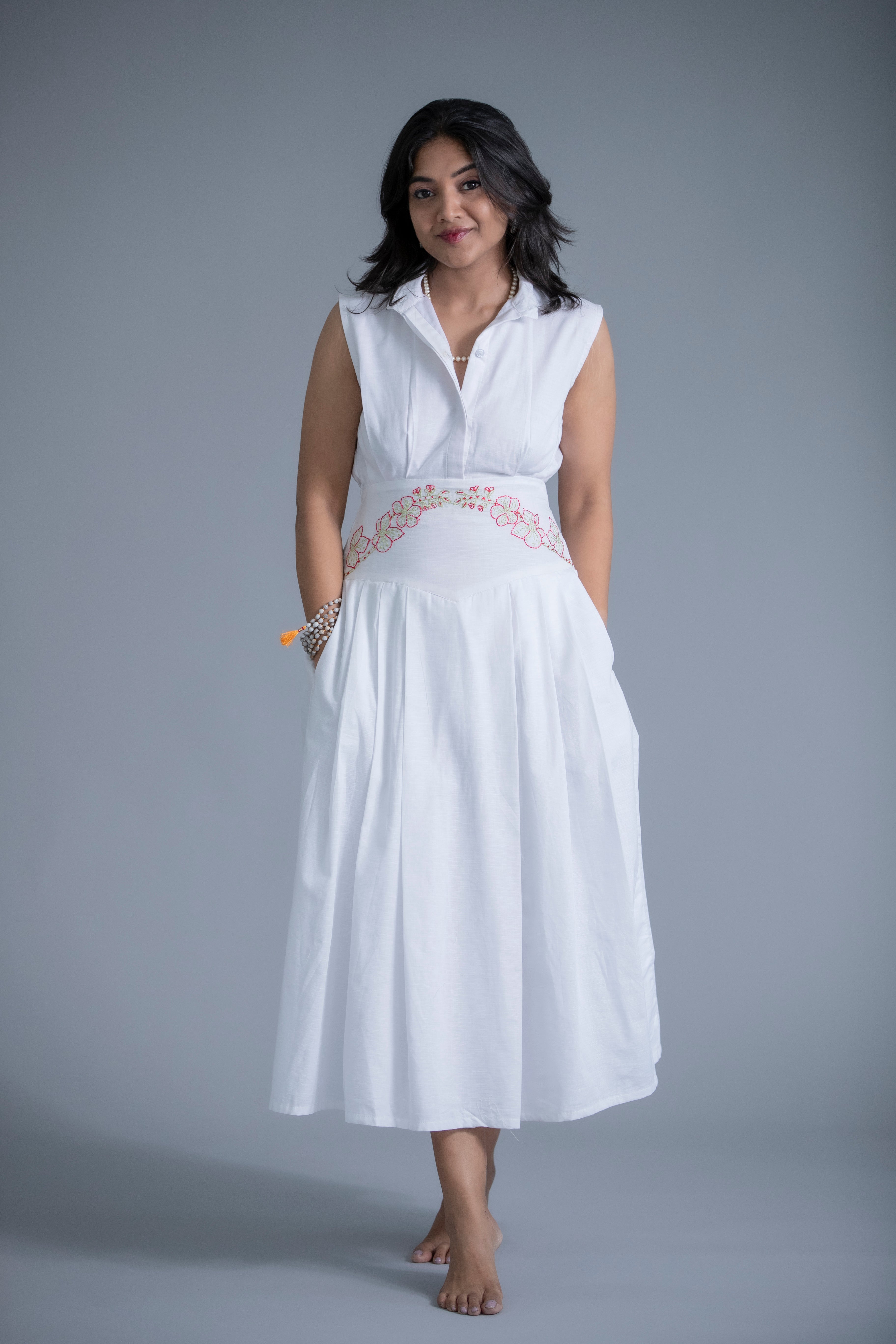 White Linen Sunmer Dress with Embroidered Waist Detail