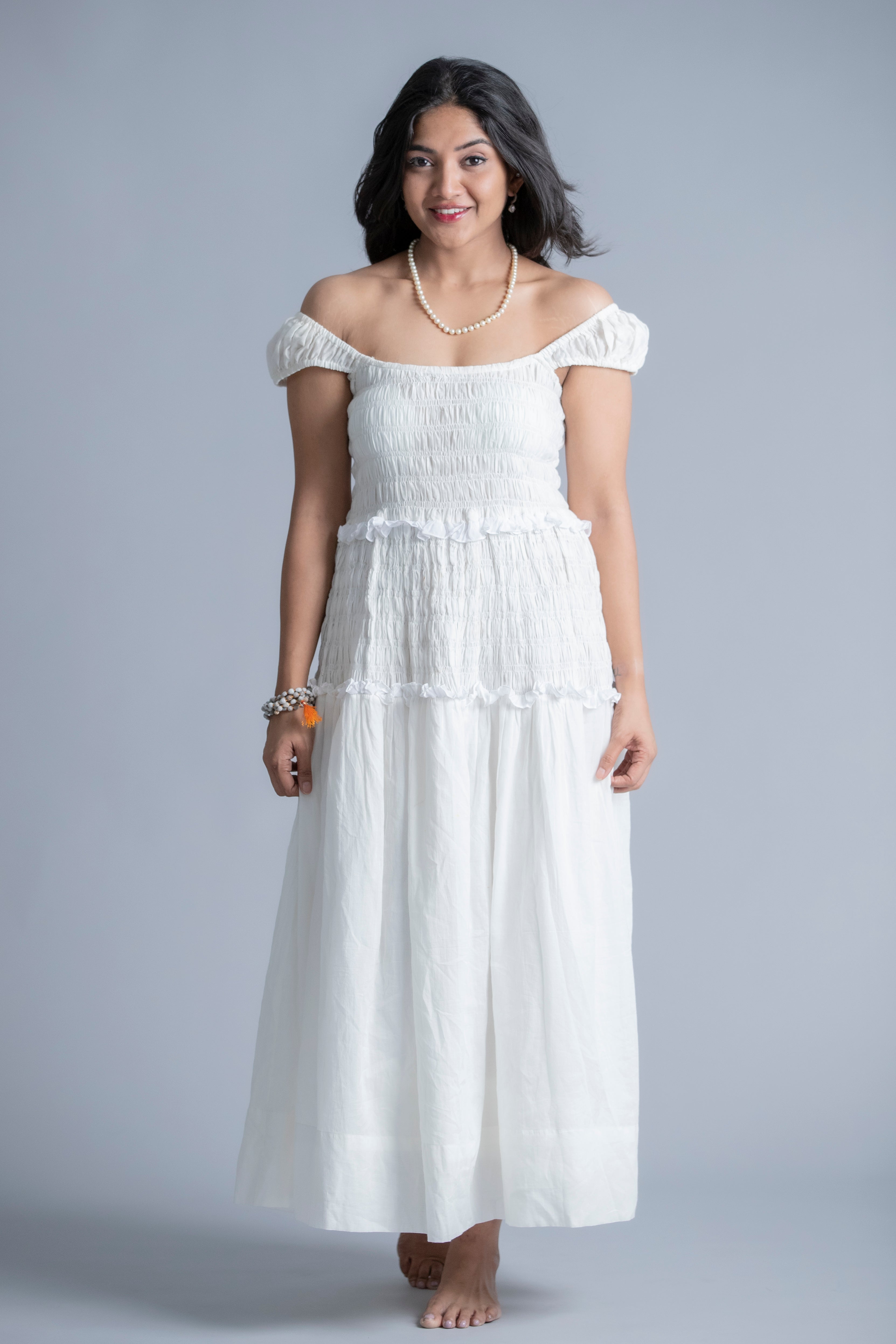 Ethereal White Off-Shoulder Smocked Maxi Dress M