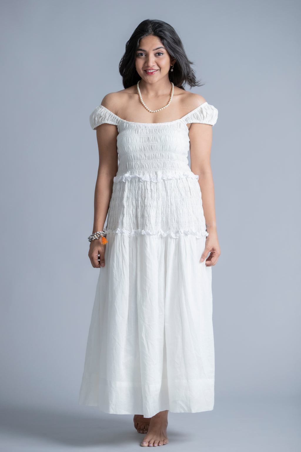 Ethereal White Off-Shoulder Smocked Maxi Dress