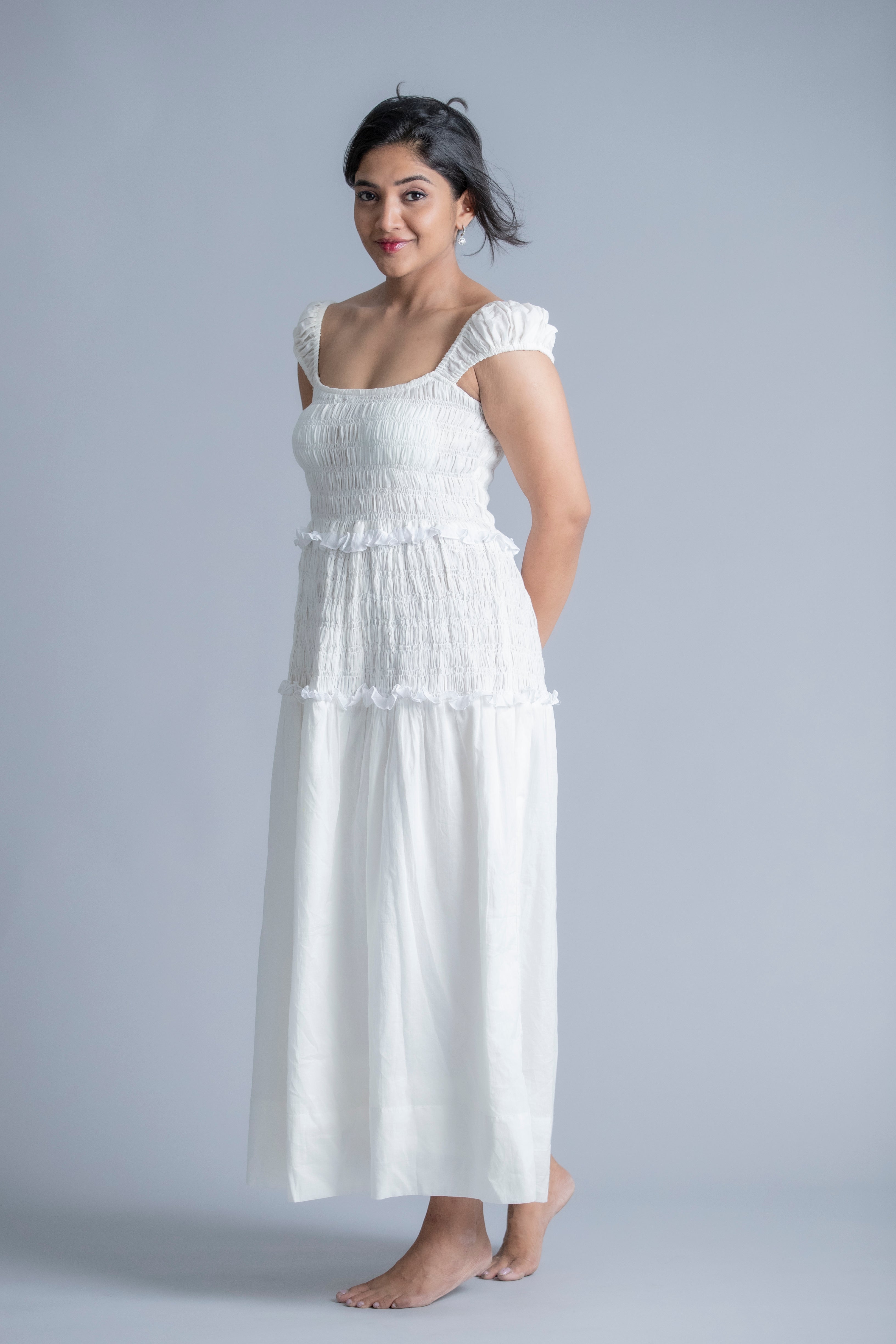 Ethereal White Off-Shoulder Smocked Maxi Dress