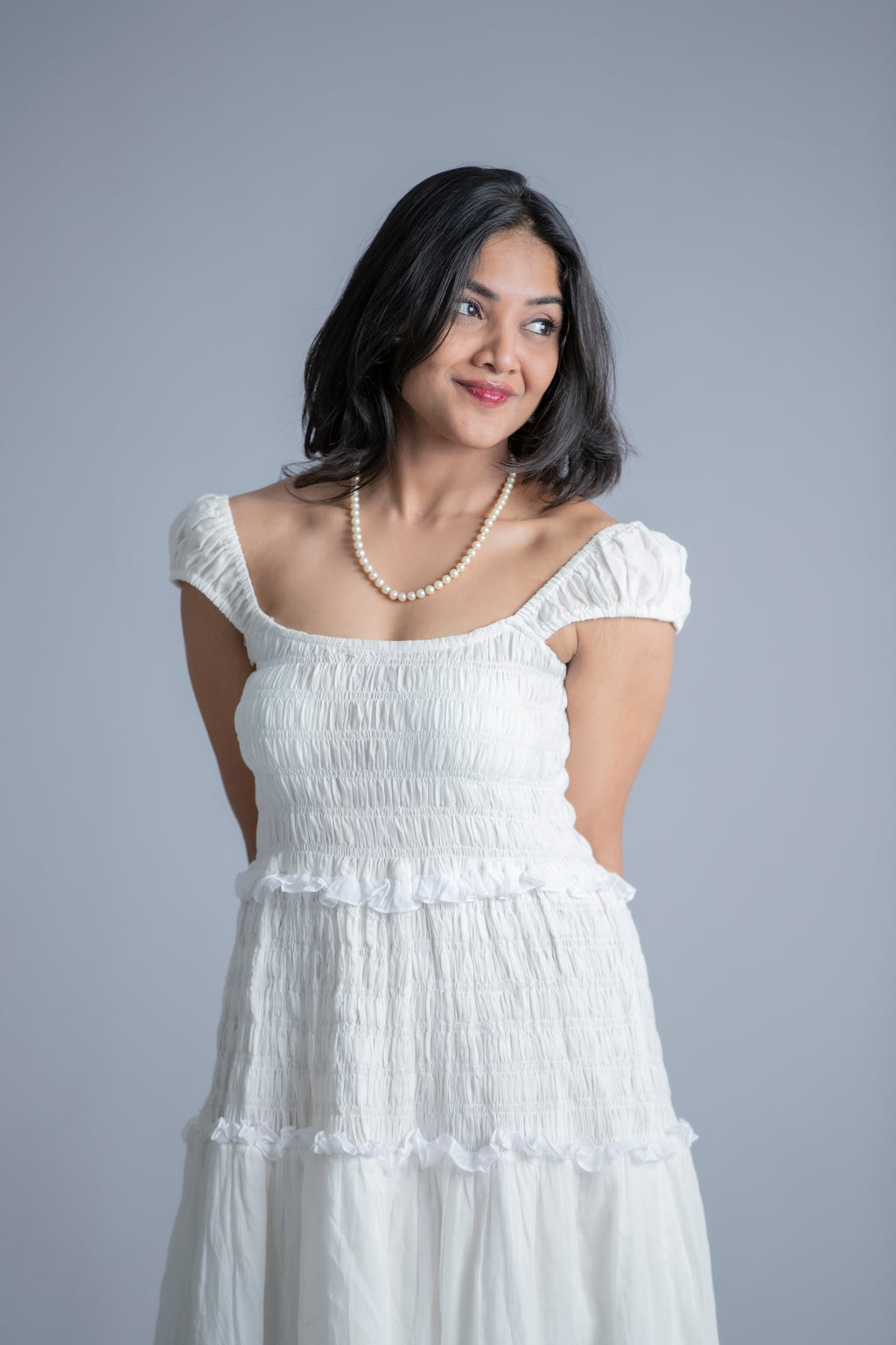 Ethereal White Off-Shoulder Smocked Maxi Dress