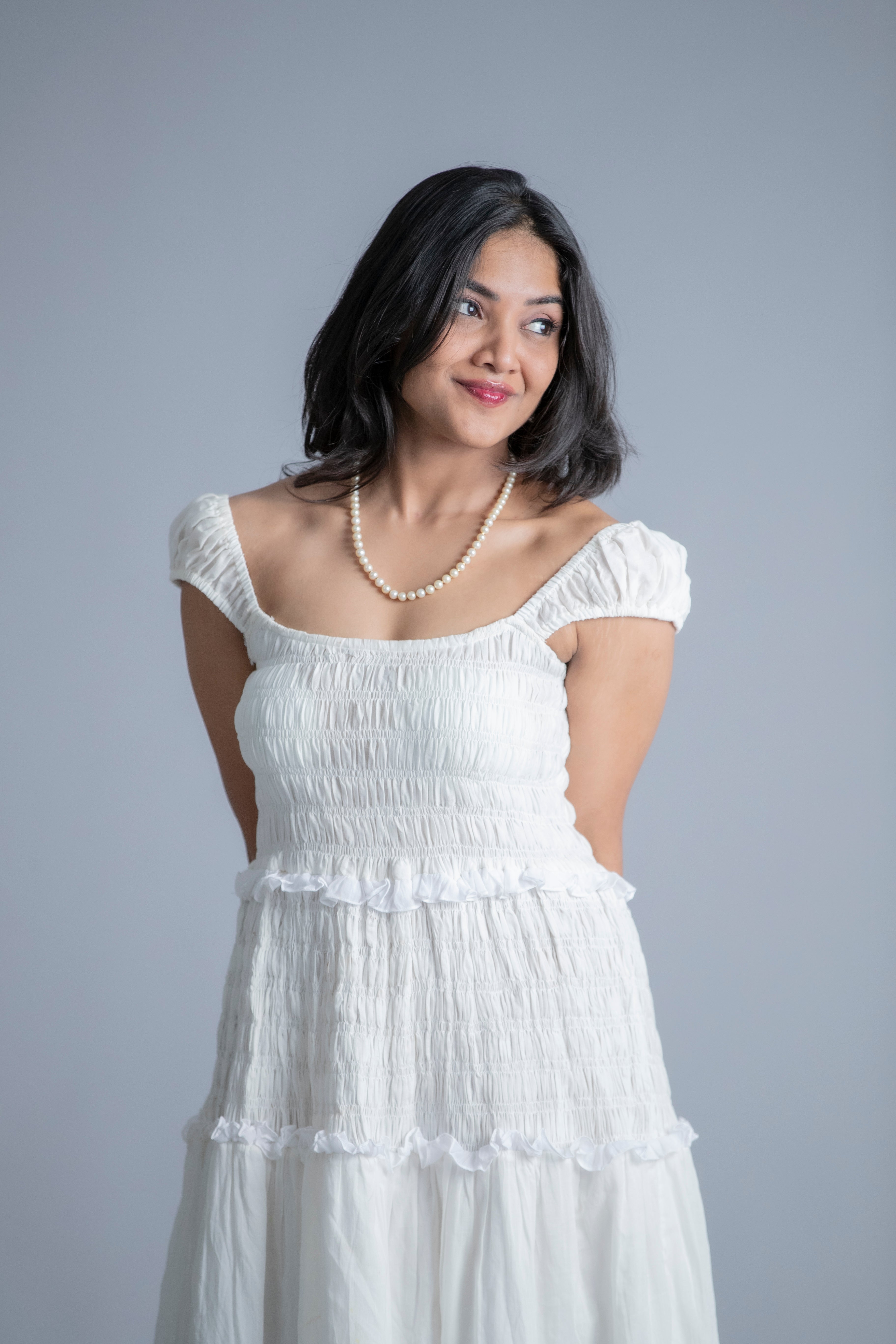 Ethereal White Off-Shoulder Smocked Maxi Dress