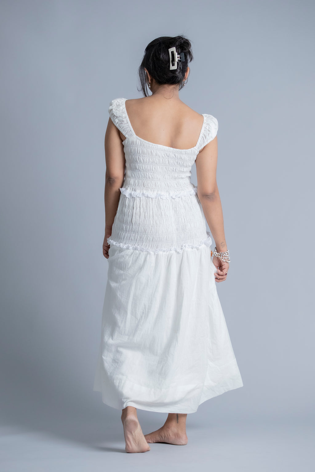 Ethereal White Off-Shoulder Smocked Maxi Dress