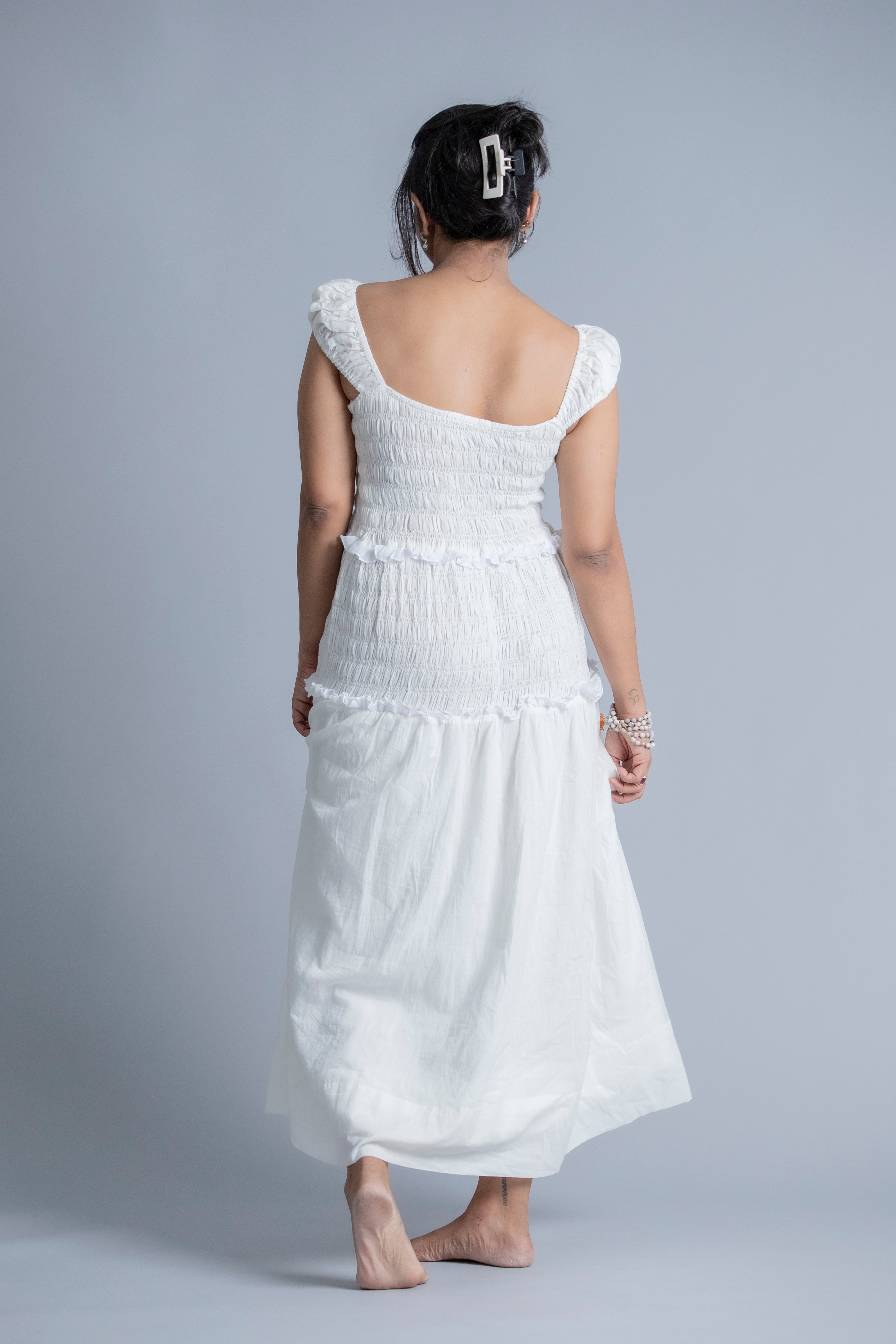 Ethereal White Off-Shoulder Smocked Maxi Dress