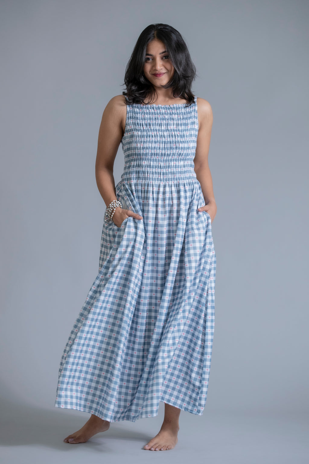 Blue Gingham Smocked Maxi Dress with Pockets