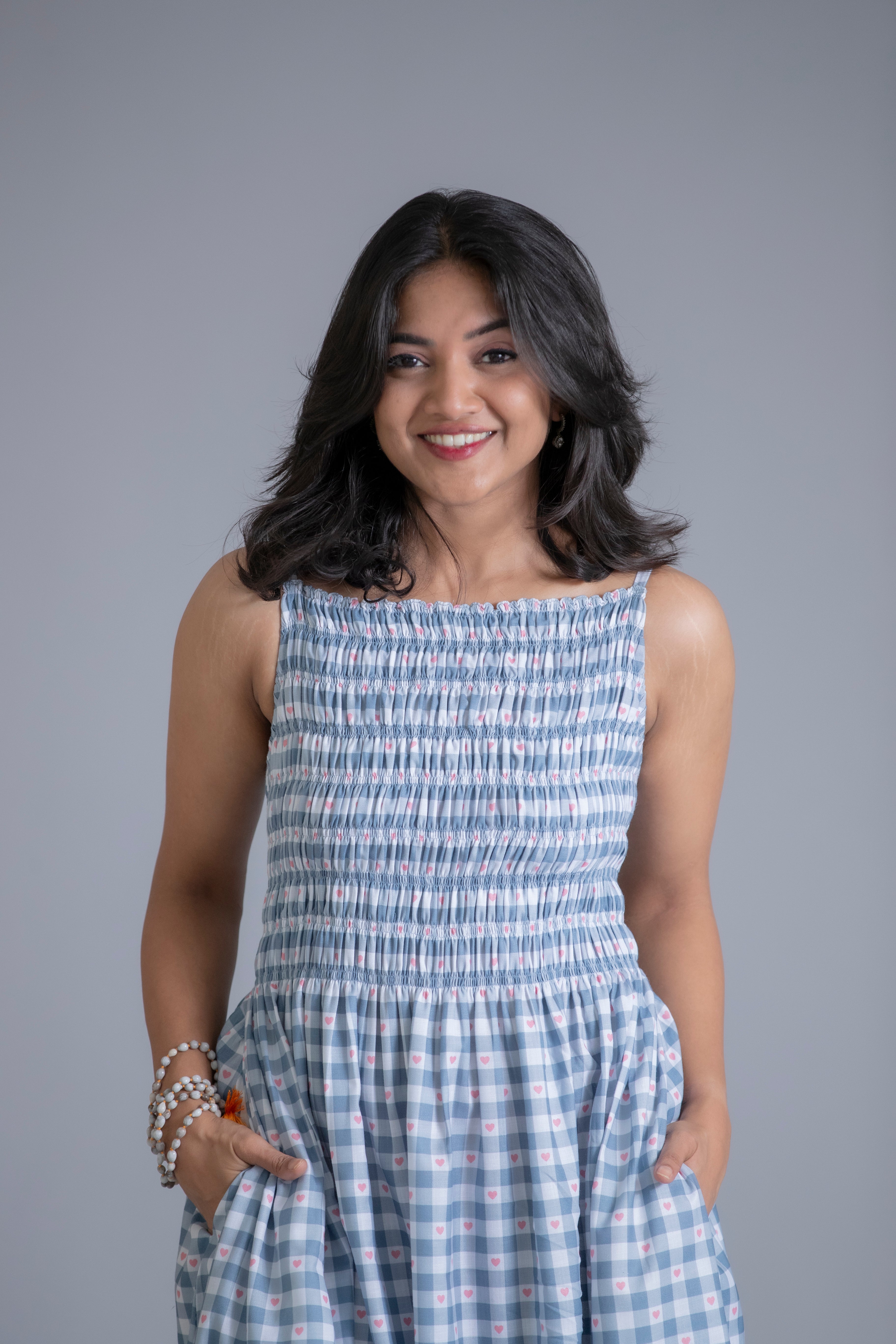 Blue Gingham Smocked Maxi Dress with Pockets