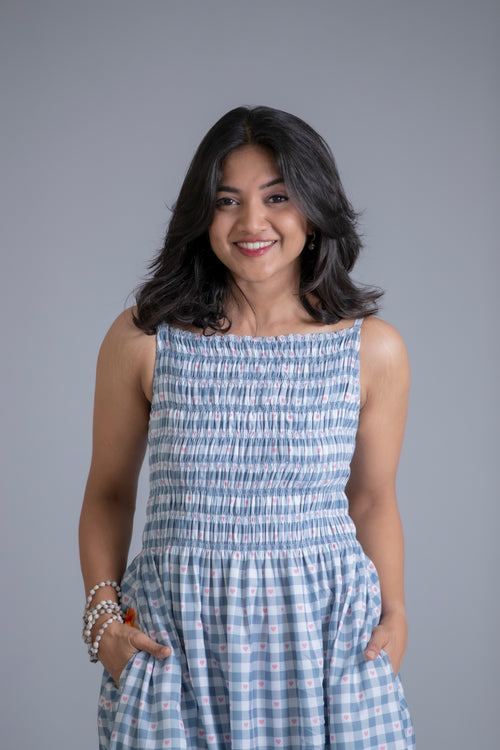 Blue Gingham Smocked Maxi Dress with Pockets