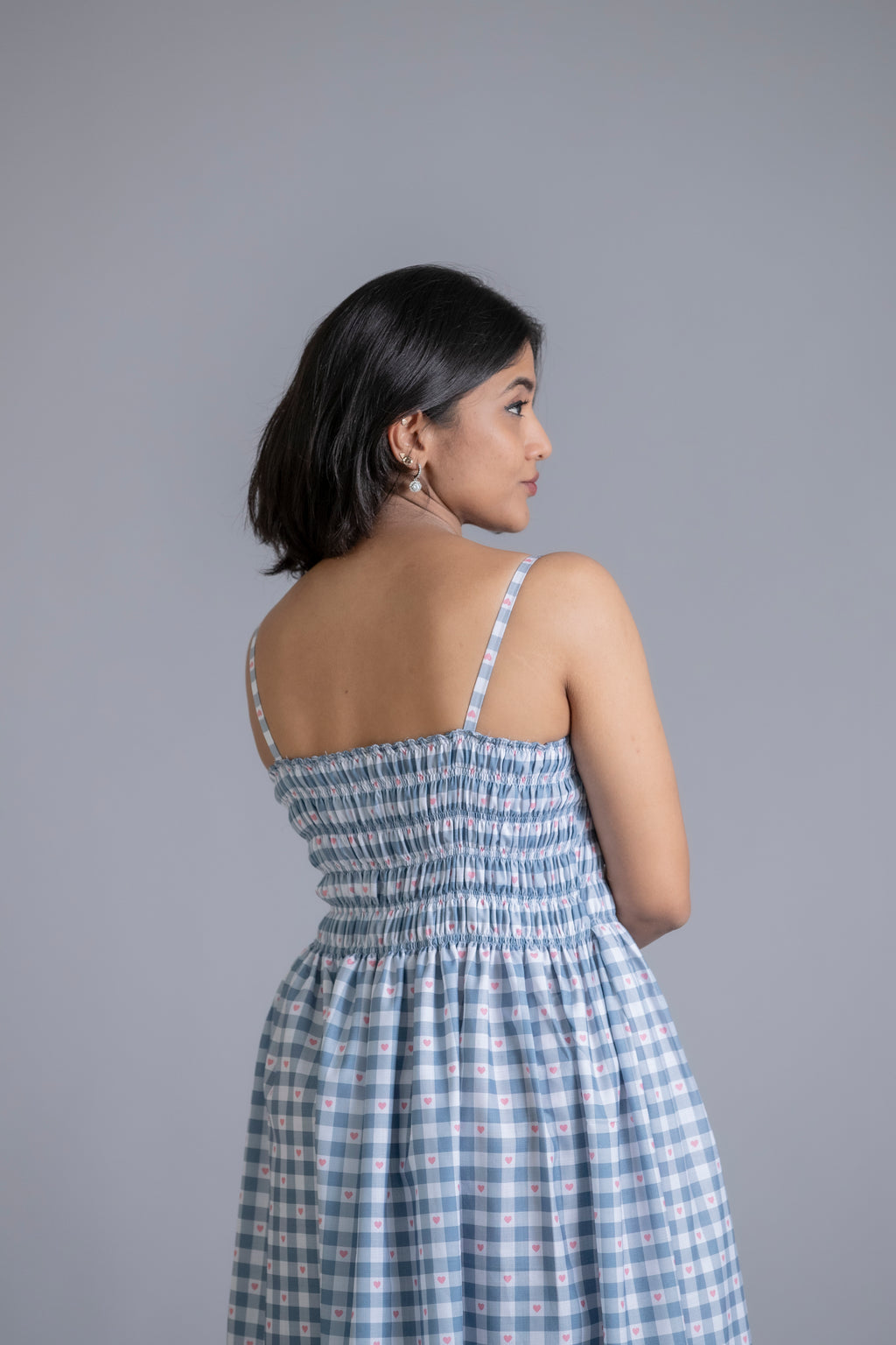 Blue Gingham Smocked Maxi Dress with Pockets