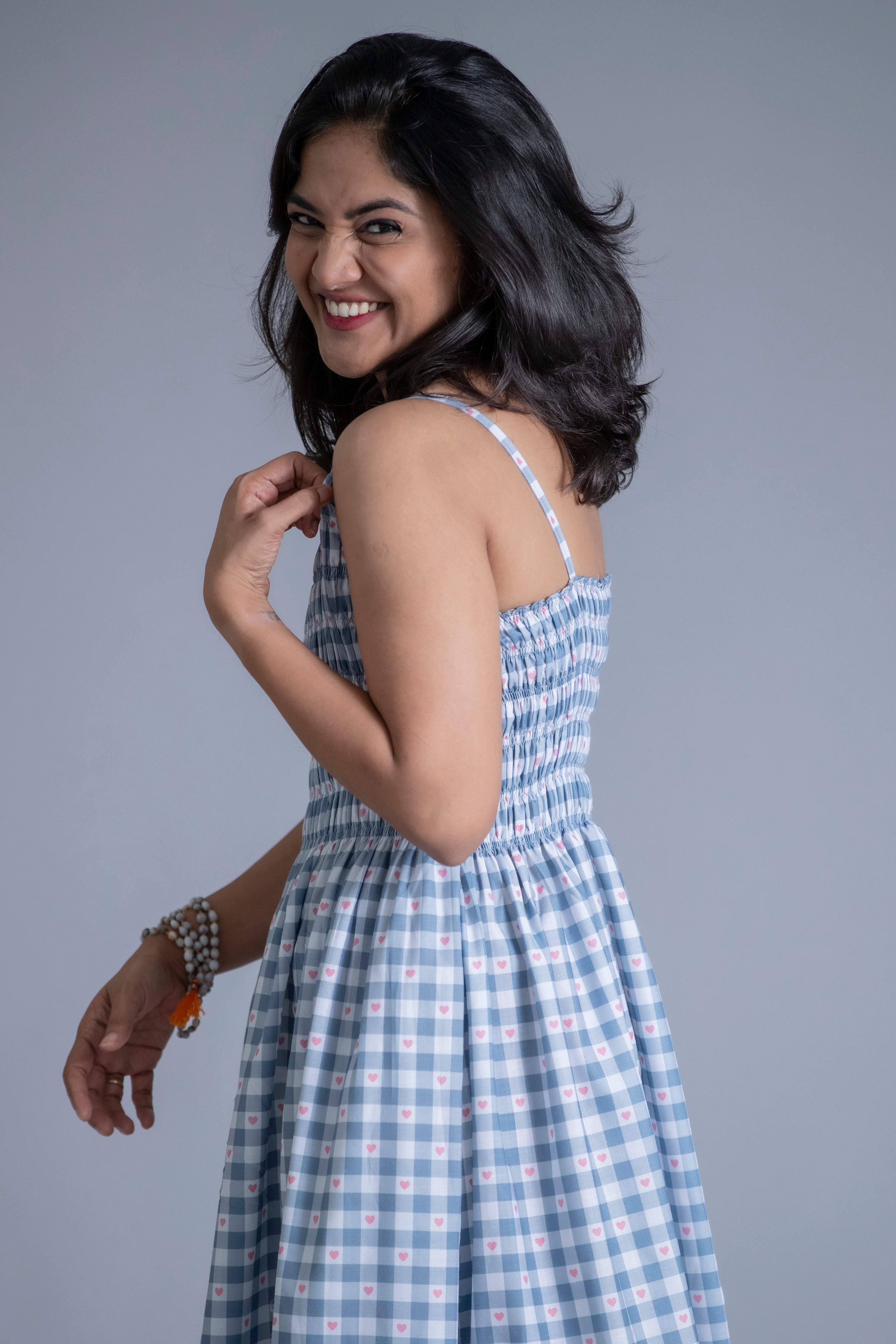 Blue Gingham Smocked Maxi Dress with Pockets