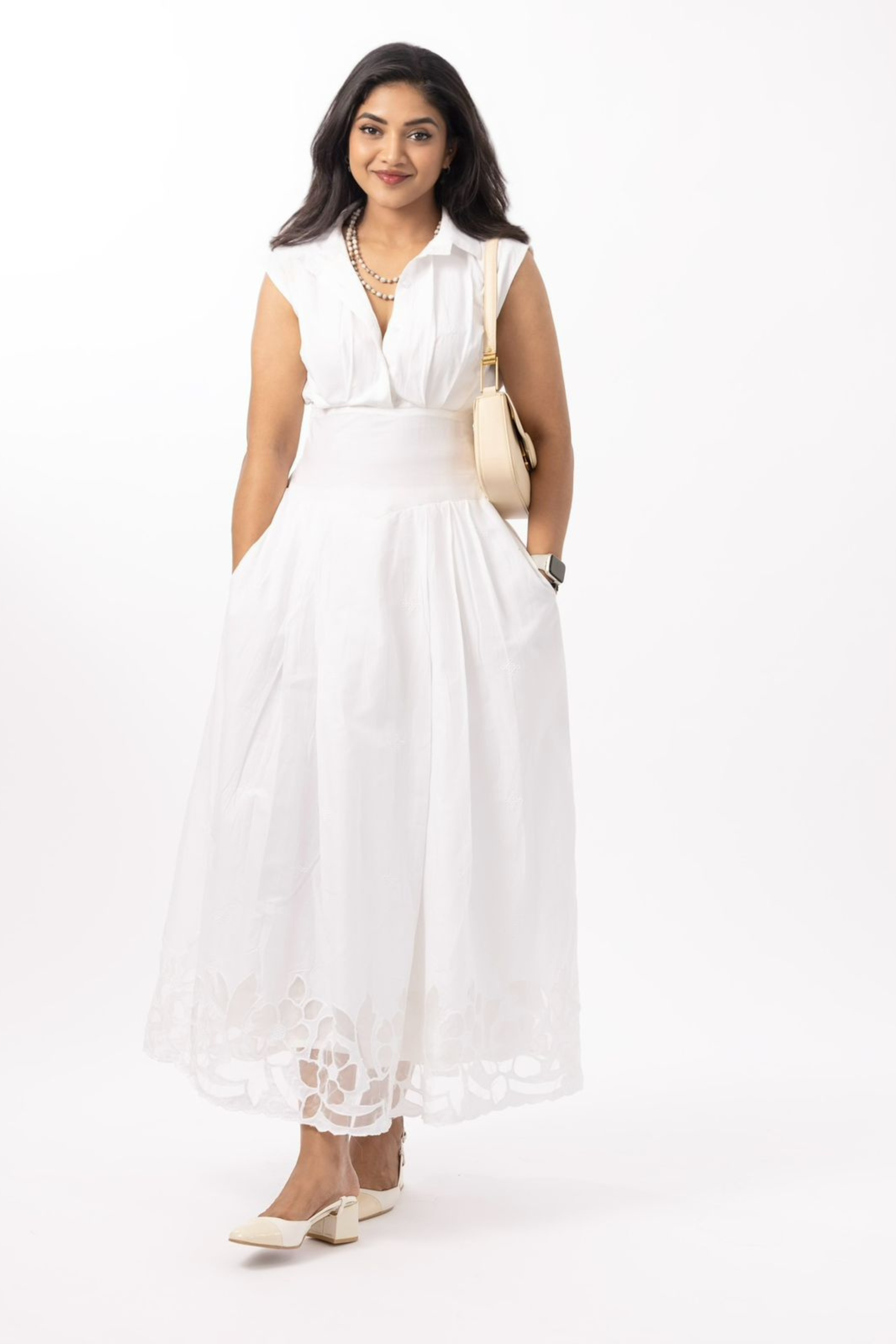 White Cutwork Hem Midi Dress