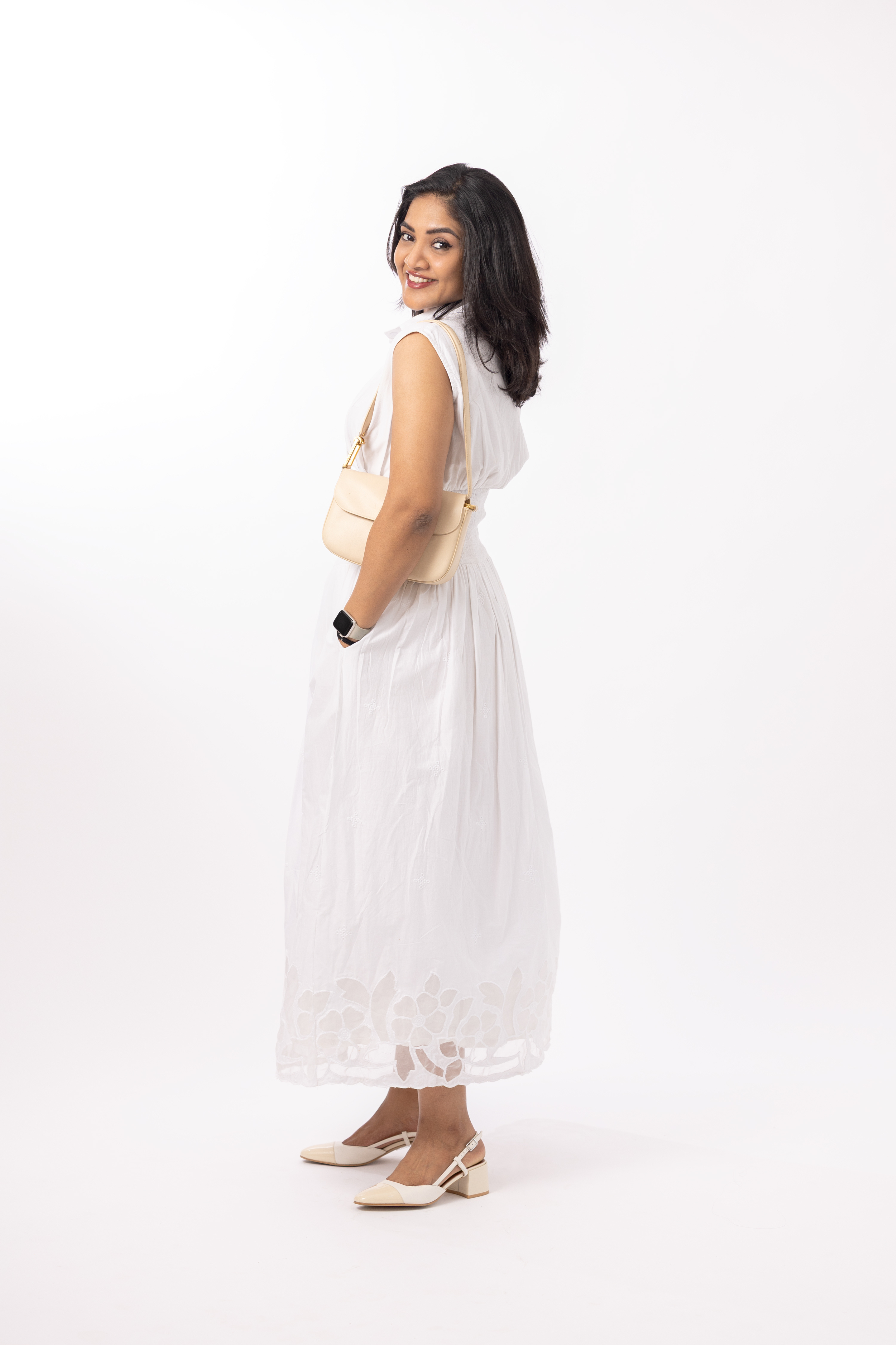 White Cutwork Hem Midi Dress